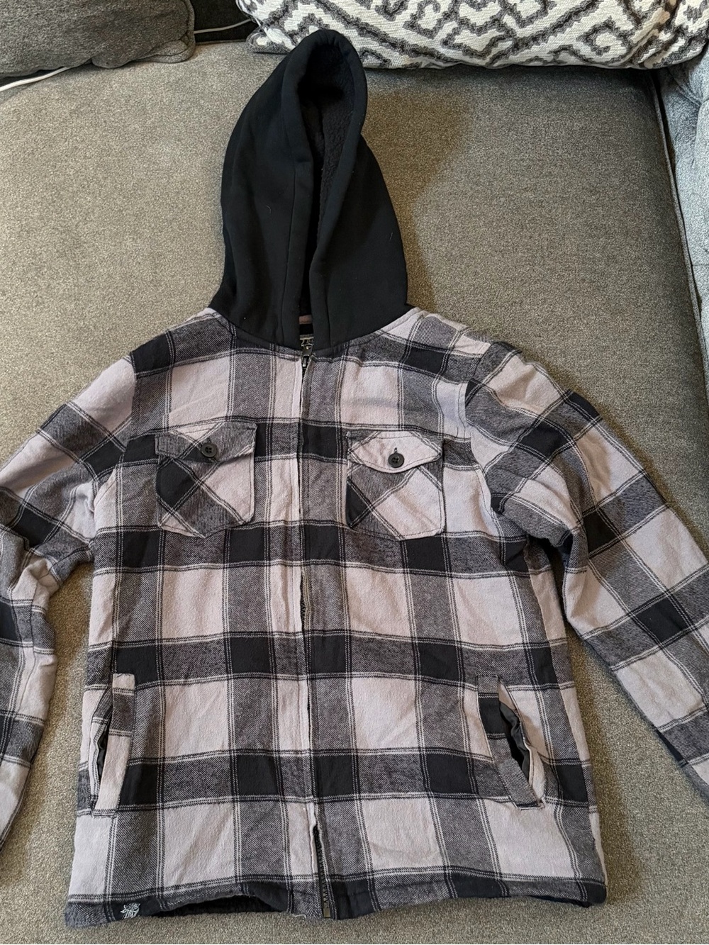 Kids Hooded Plaid Zip Jacket - Black & Gray